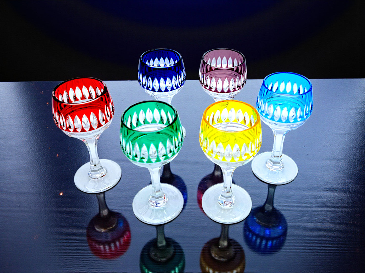 Servizio 6 bicchierini da Liquore, Cristallo Tagliato Colorato