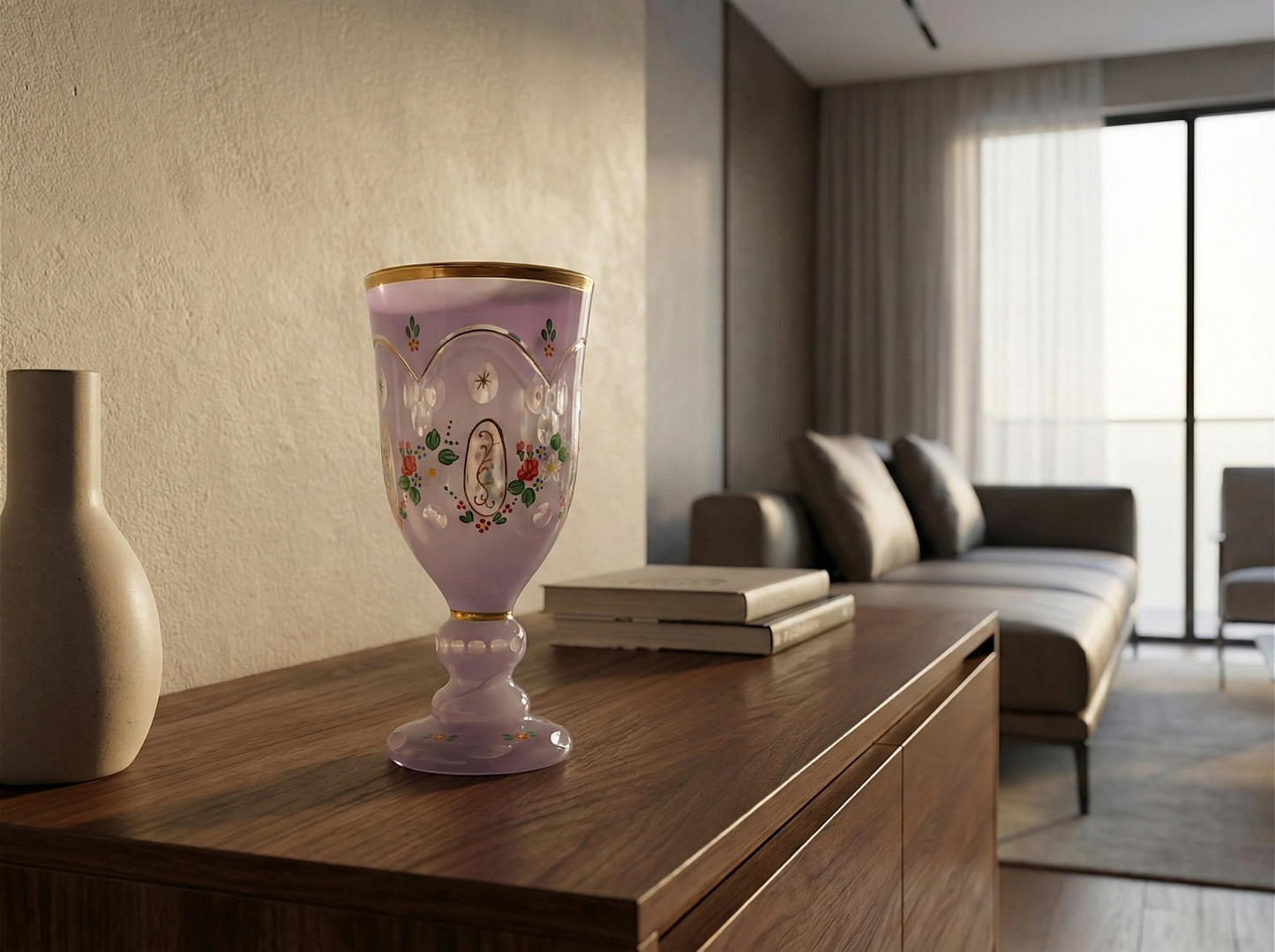Calice in Cristallo di Boemia, Stile Biedermeier, Lilla