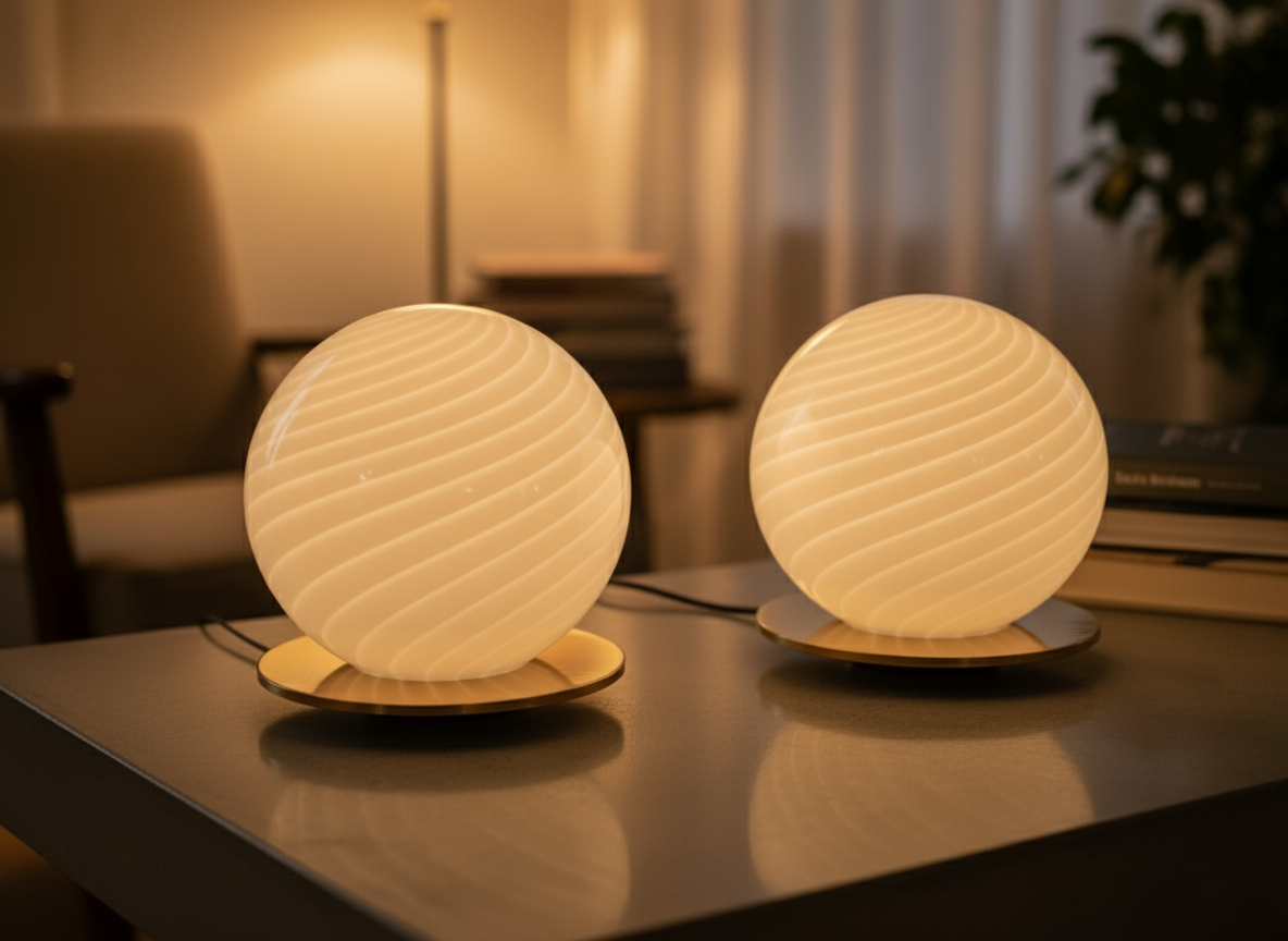 Coppia di Lampade da Tavolo in Vetro di Murano, Swirl a Base Dorata