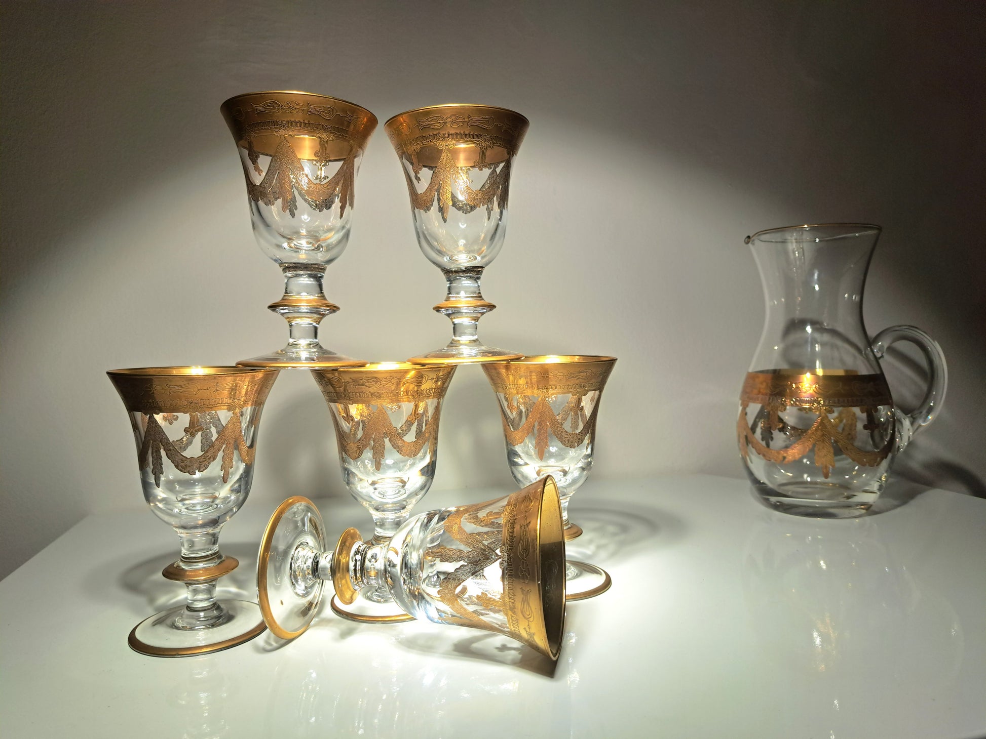 Servizio Caraffa e 6 Calici in Vetro di Murano, Cristal T.
