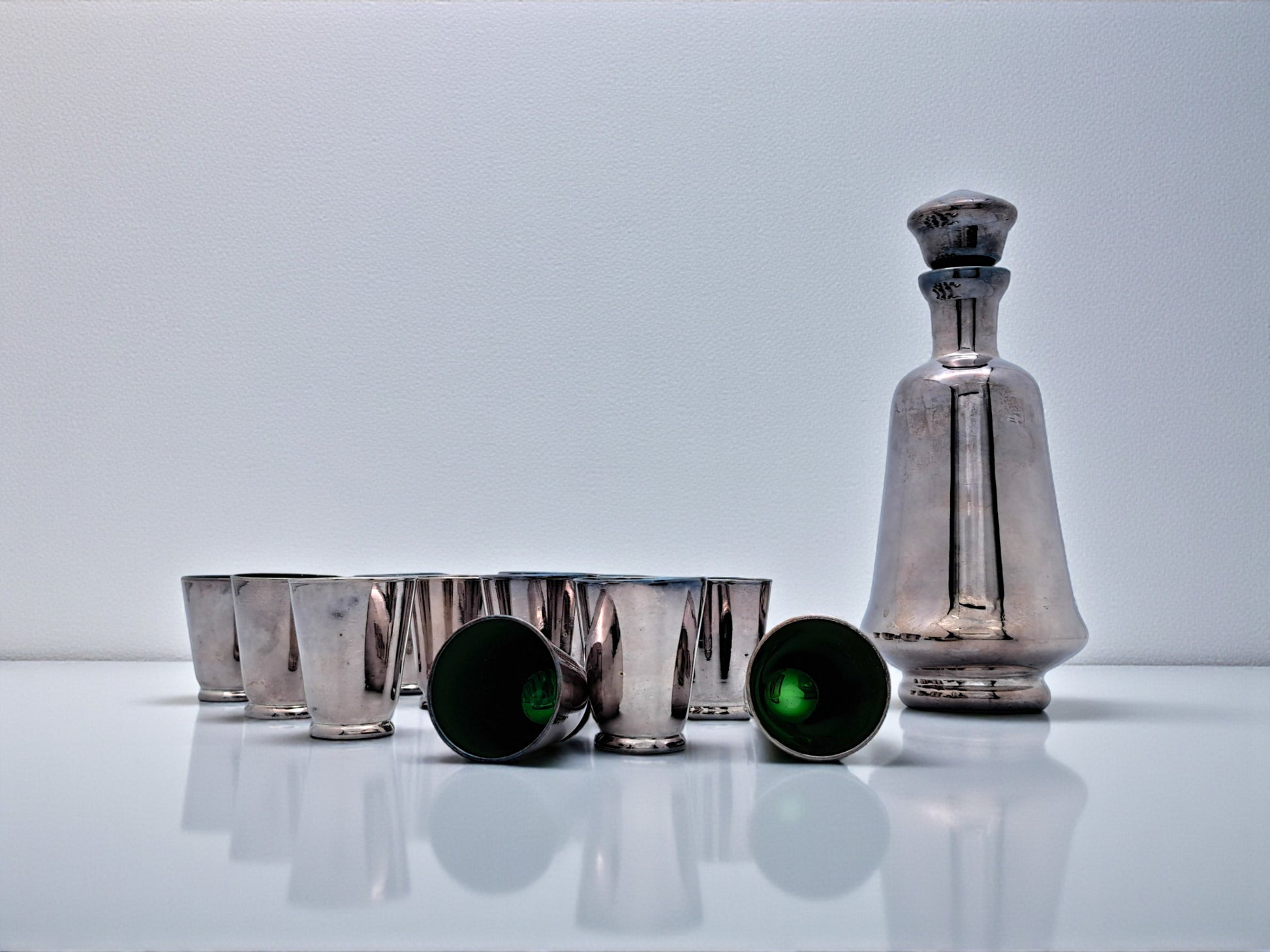 Servizio Decanter e Bicchierini Anni '30, Vetro di Murano e Argento