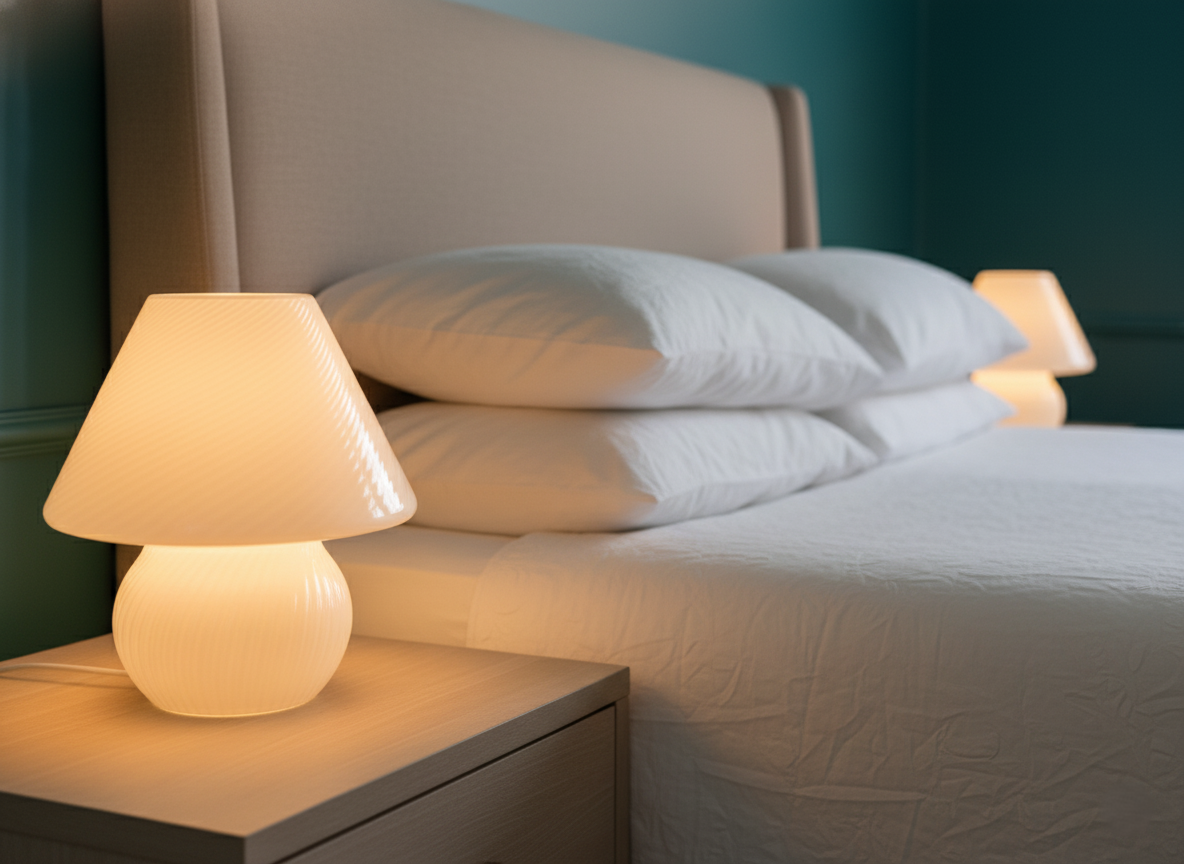 Coppia di Lampade Mushroom in Vetro Lattimo di Murano