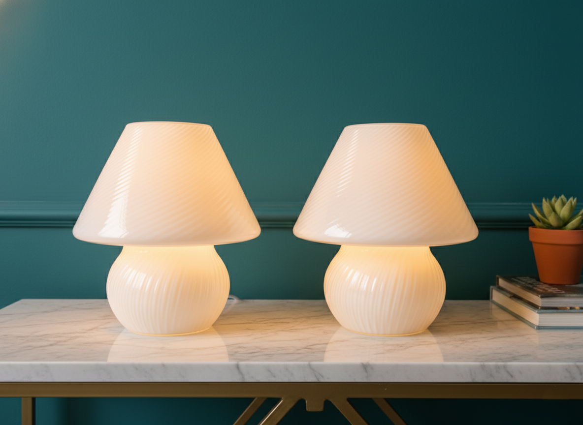 Coppia di Lampade Mushroom in Vetro Lattimo di Murano