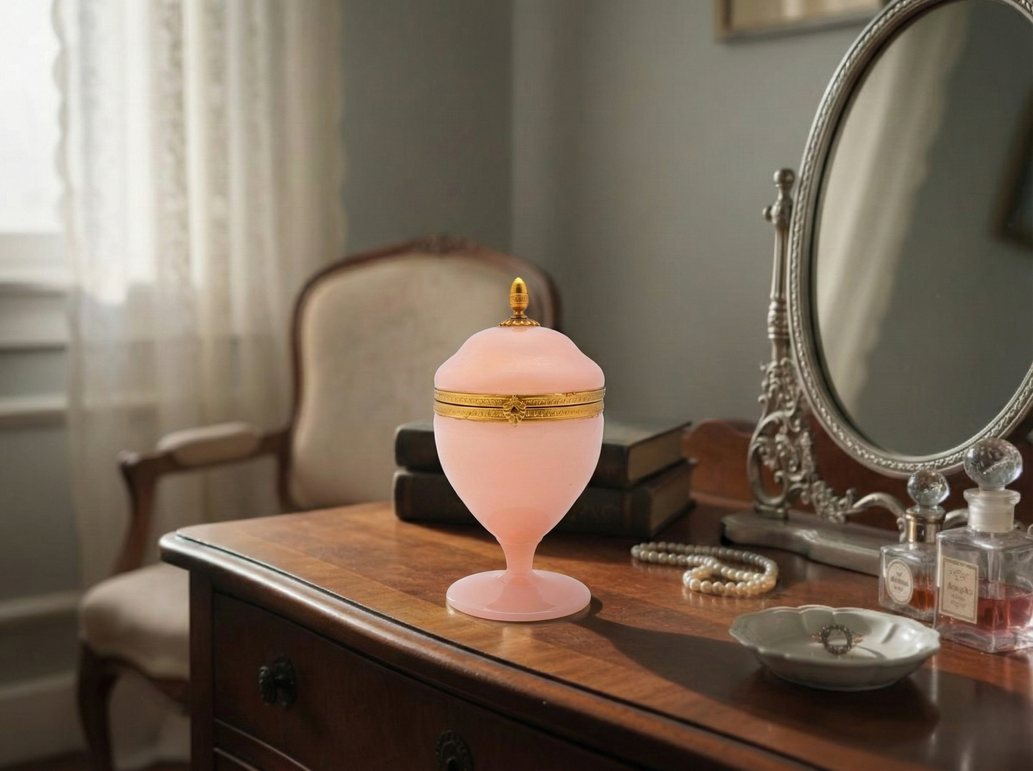 Cofanetto Portagioie Francese in Vetro Opalino Rosa