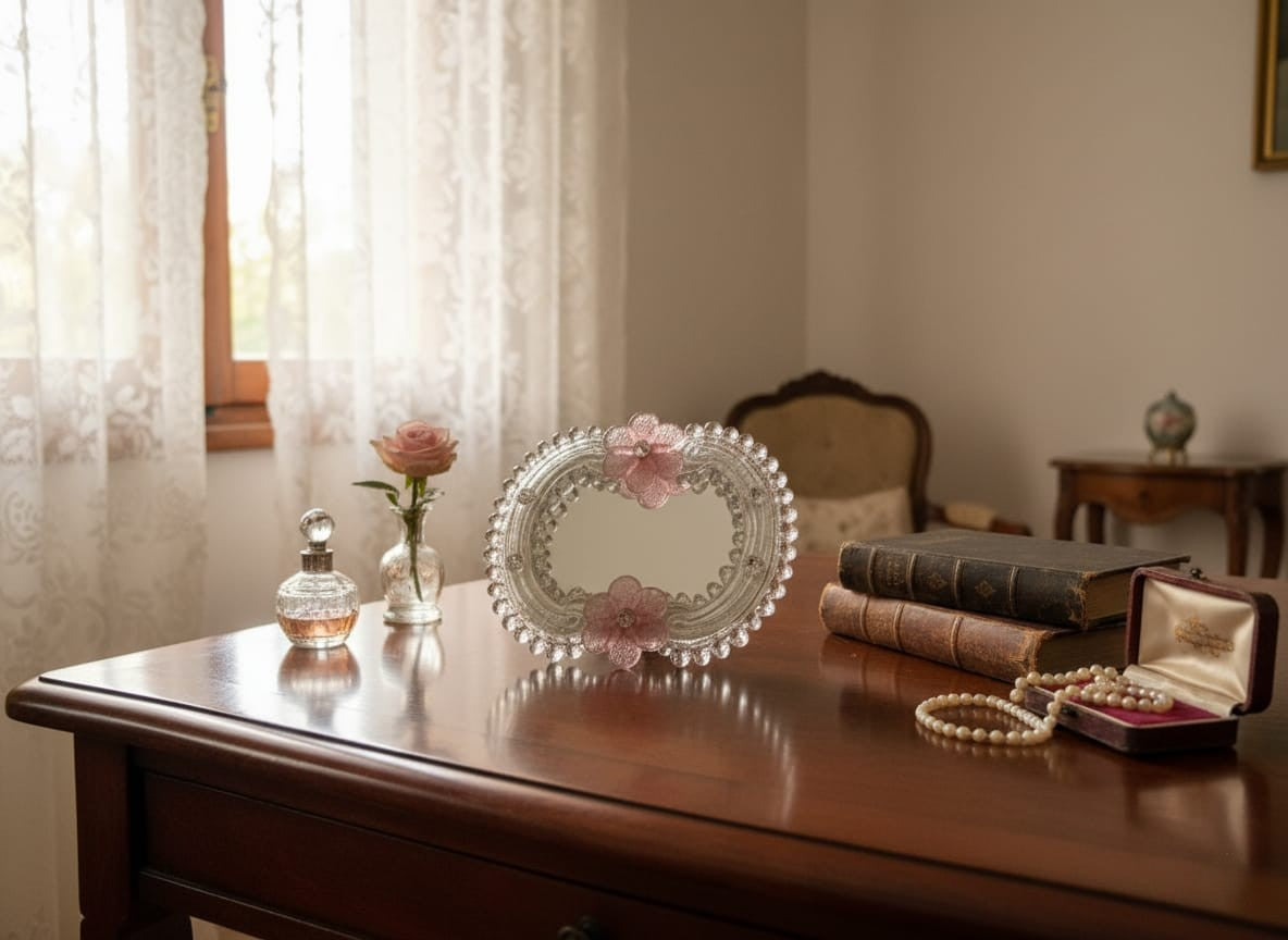 Specchietto in vetro di Murano, Fiori Rosa