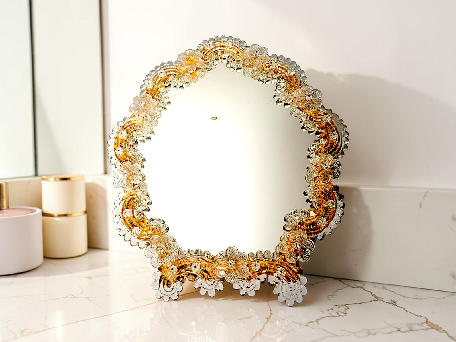 Specchio da Tavolo in Vetro di Murano, Fiori Oro