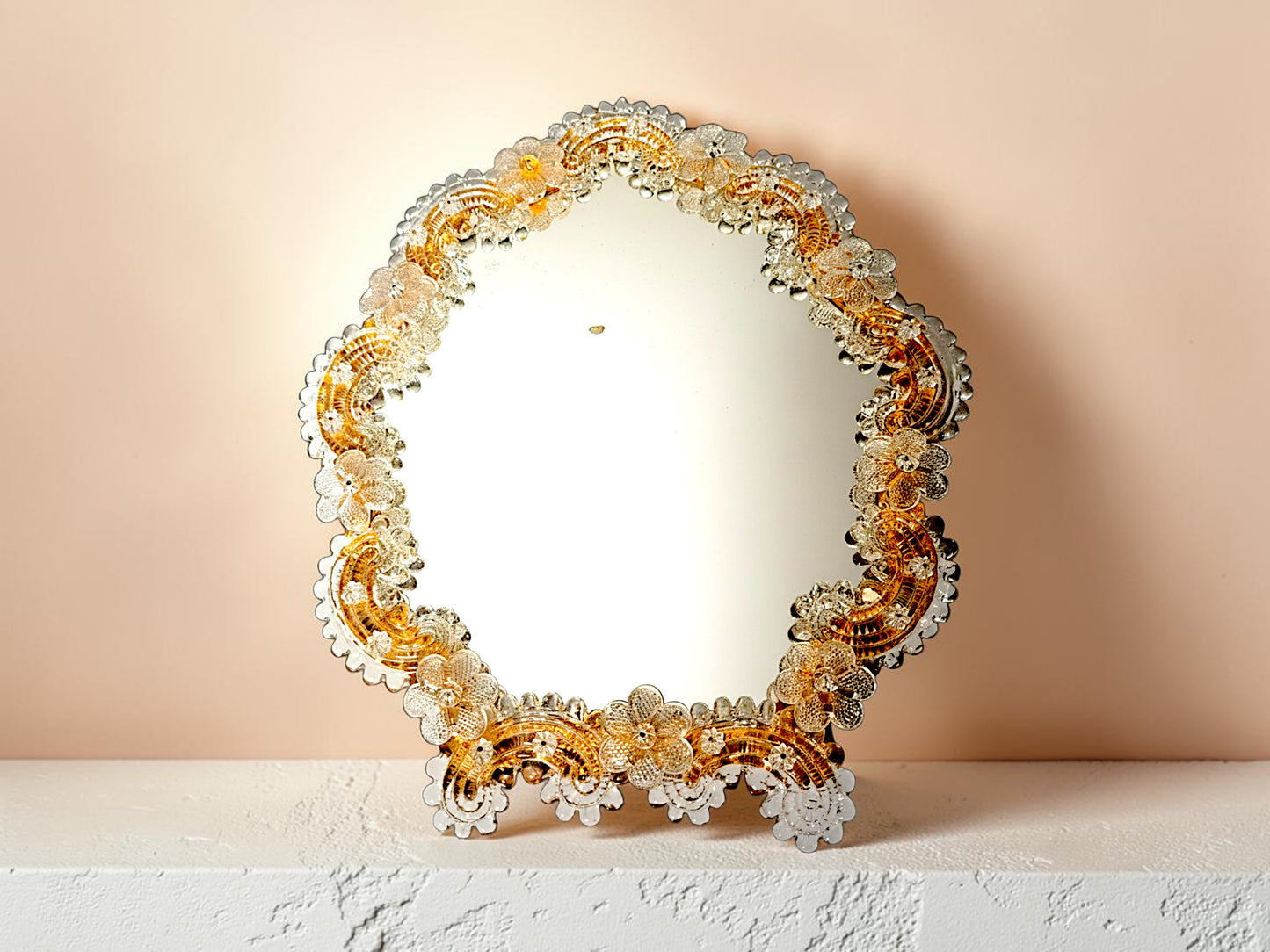 Specchio da Tavolo in Vetro di Murano, Fiori Oro