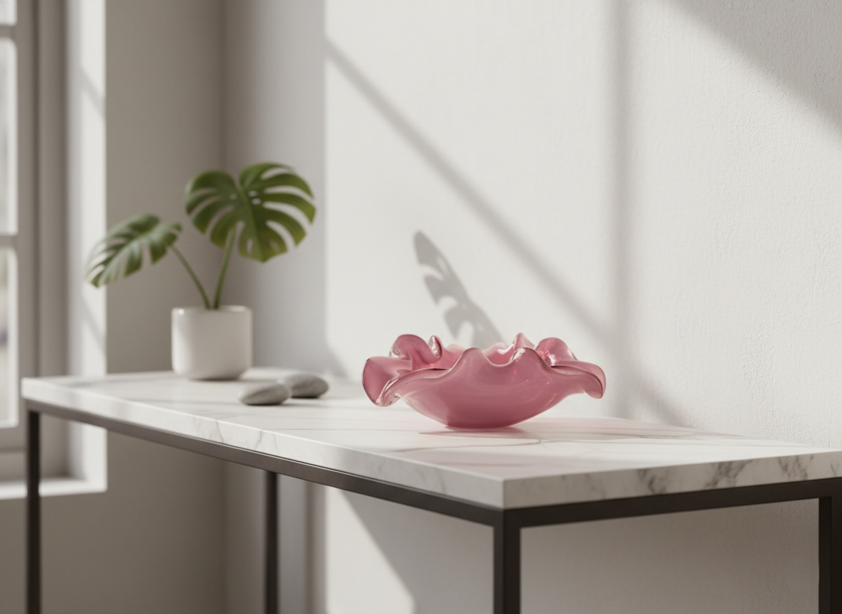 Centrotavola, Svuotatasche in Vetro Opalino Rosa di Murano, Seguso