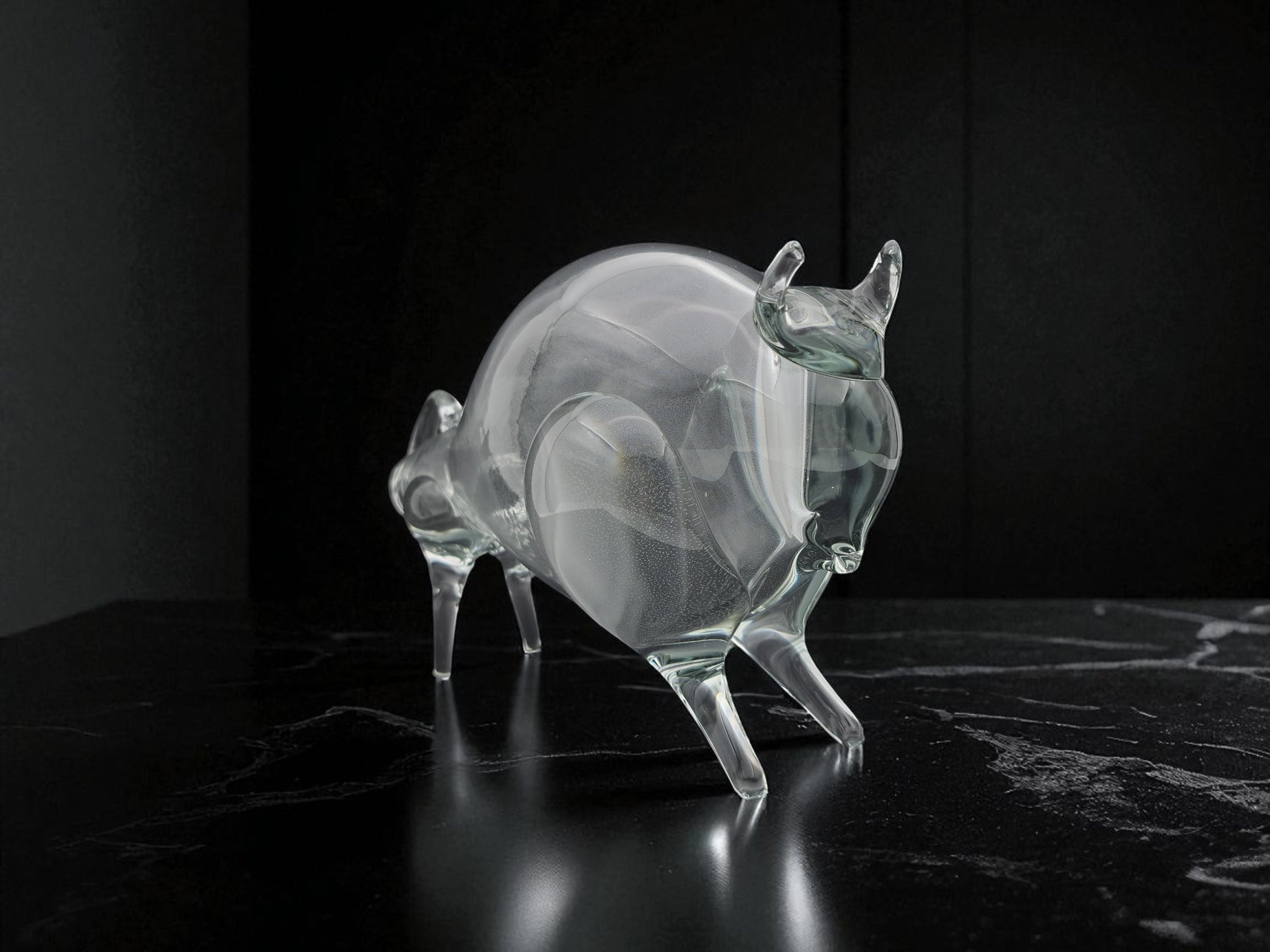 Scultura Toro in Vetro Trasparente di Murano