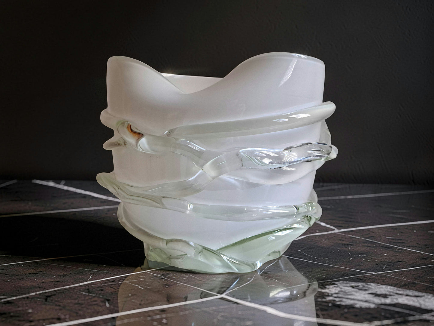 Vaso in Vetro di Murano, Bianco e Corda Trasparente