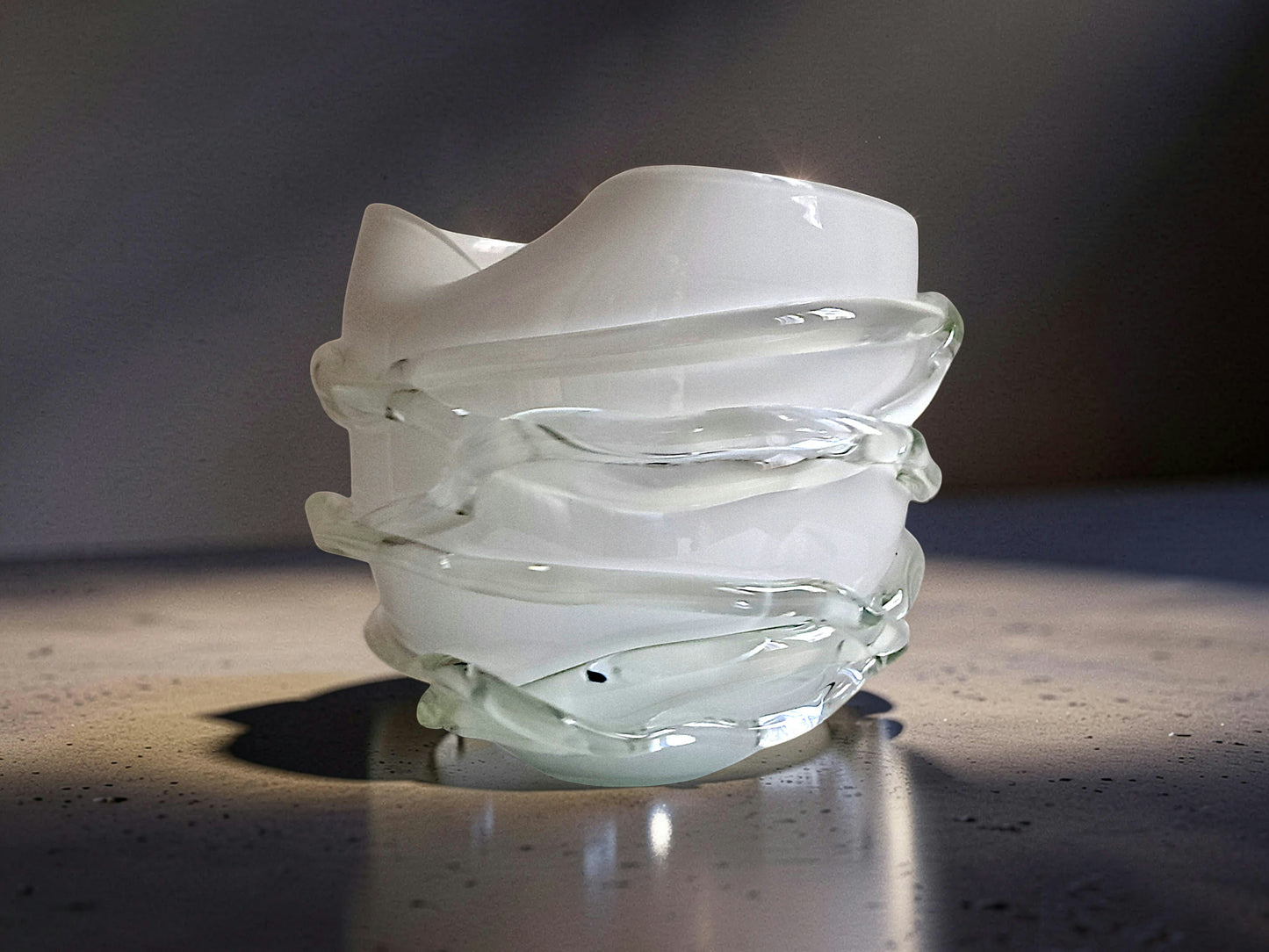 Vaso in Vetro di Murano, Bianco e Corda Trasparente
