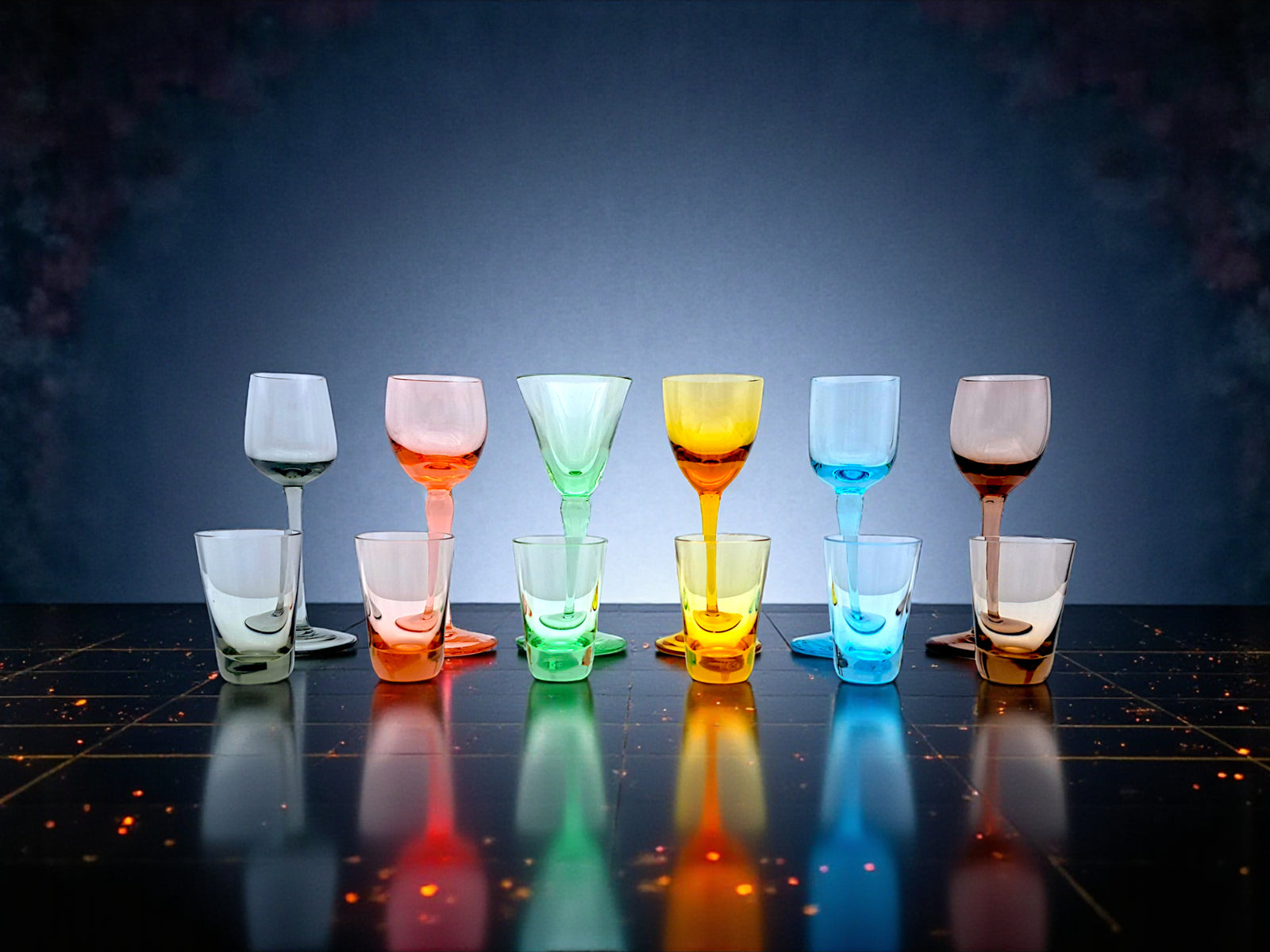 Set 12 Bicchieri Murano, 6 Calici Liquore e 6 Shot, Nason, Arlecchino