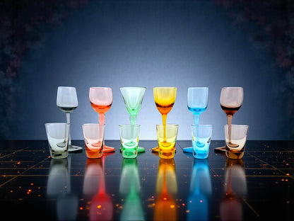 Set 12 Bicchieri Murano, 6 Calici Liquore e 6 Shot, Nason, Arlecchino
